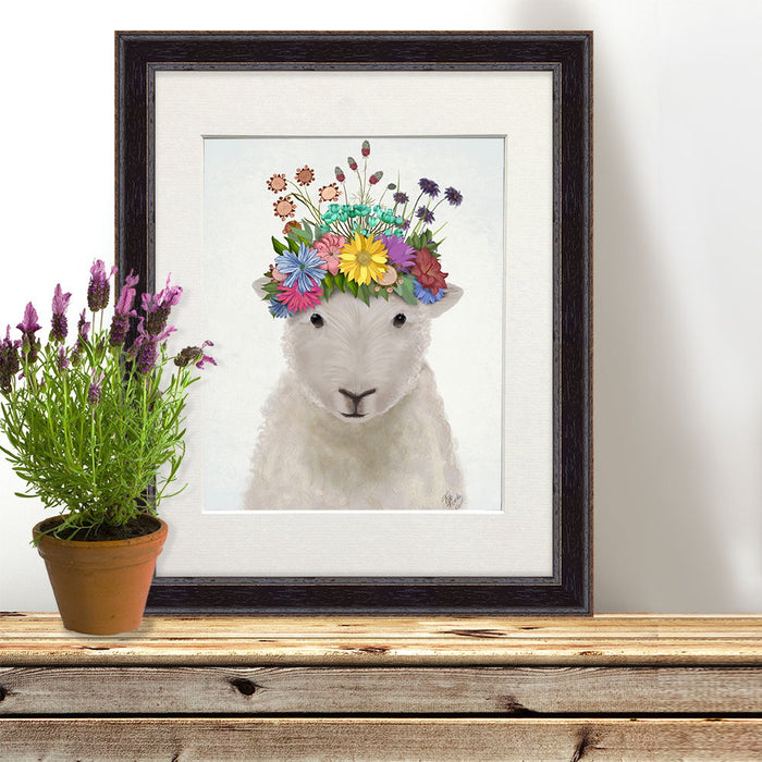 Sheep with Flower Crown 1, Animal Art Print, Wall Art | Print 14x11inch