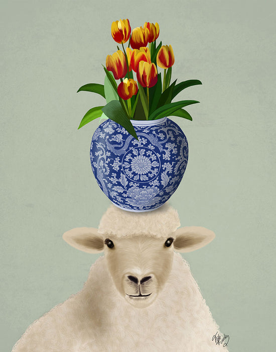 Sheep and Tulips, Animal Art Print, Wall Art | FabFunky