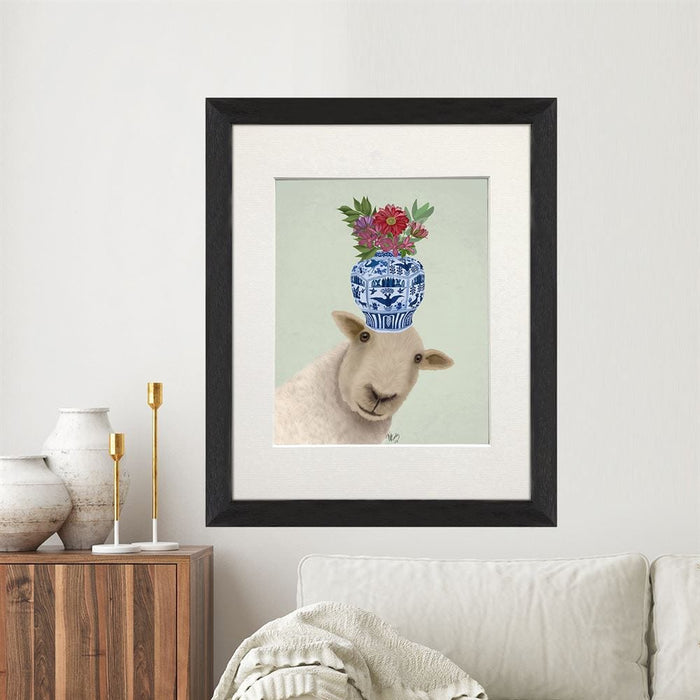 Sheep with Vase of Flowers, Animal Art Print, Wall Art | Print 14x11inch