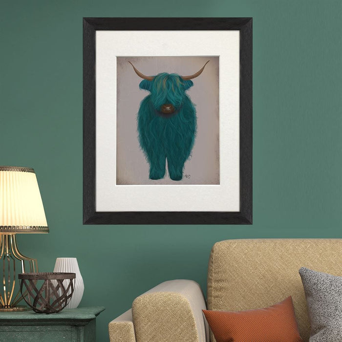 Highland Cow 3, Turquoise, Full, Animal Art Print | Print 14x11inch