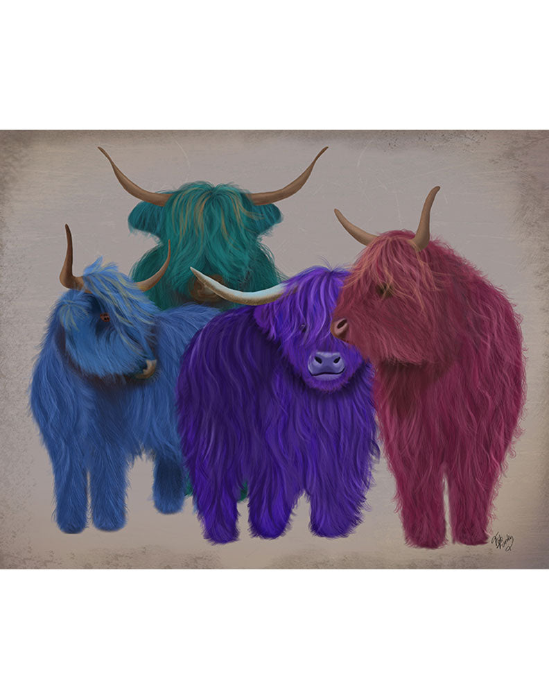Highland Cows, Multicoloured Herd, Animal Art Print — FabFunky