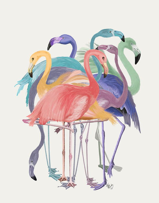 Flamingos, Multicoloured Group 2, Bird Art Print, Wall Art | FabFunky