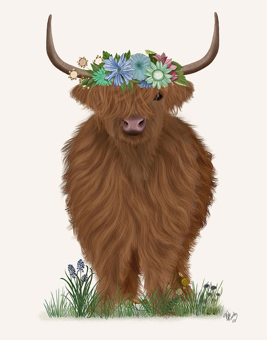 Highland Cow with Flower Crown 2, Full, Animal Art Print | FabFunky