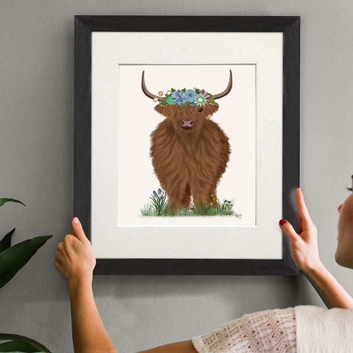 Highland Cow with Flower Crown 2, Full, Animal Art Print | Print 14x11inch