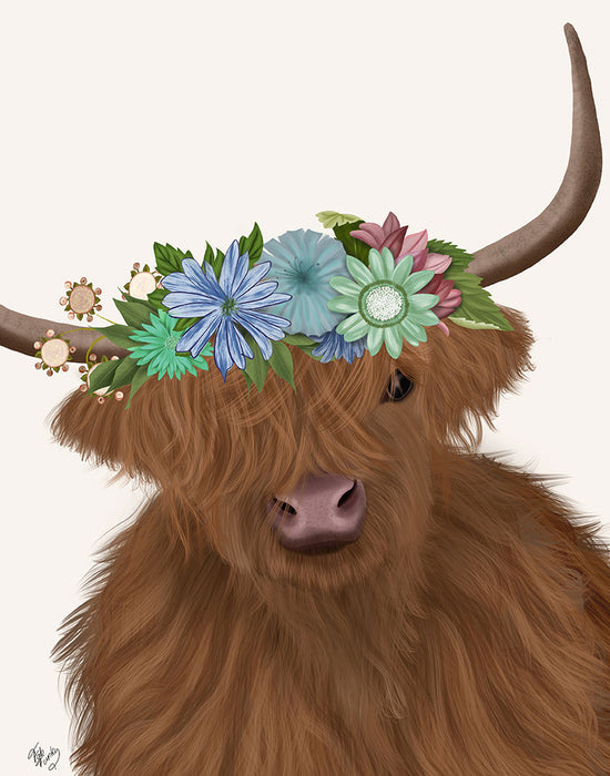 Highland Cow with Flower Crown 2, Portrait, Animal Art Print | FabFunky