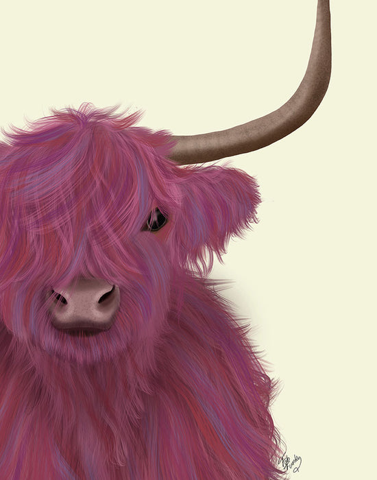 Highland Cow 1, Pink, Close Up, Animal Art Print