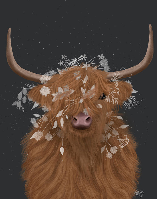 Highland Cow 1, White Flowers, Animal Art Print | FabFunky