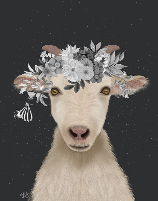 Goat 1, White Flowers, Animal Art Print, Wall Art | FabFunky
