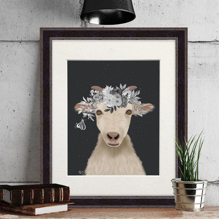 Goat 1, White Flowers, Animal Art Print, Wall Art | Print 14x11inch