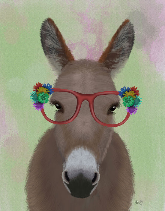 Donkey Red Flower Glasses, Animal Art Print, Wall Art | FabFunky