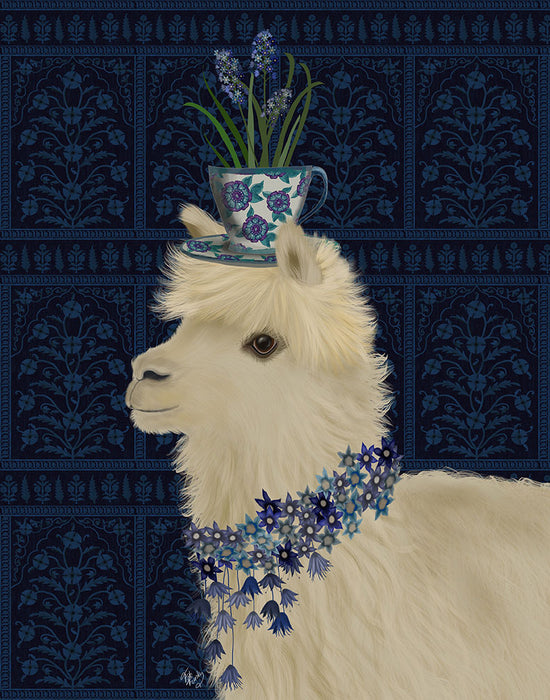Llama Teacup and Blue Flowers, Animal Art Print | FabFunky