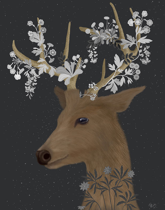 Deer, White Flowers, Art Print, Canvas Wall Art | FabFunky