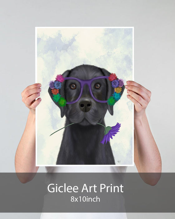 Labrador Black and Flower Glasses, Dog Art Print, Wall art | Print 18x24inch