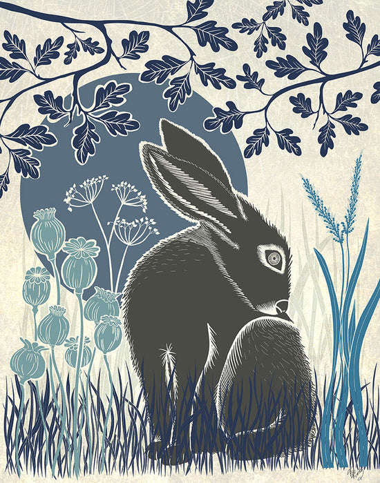Country Lane Hare 2, Blue, Art Print | FabFunky