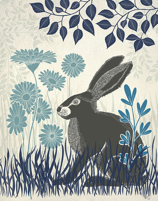 Country Lane Hare 3, Blue, Art Print | FabFunky