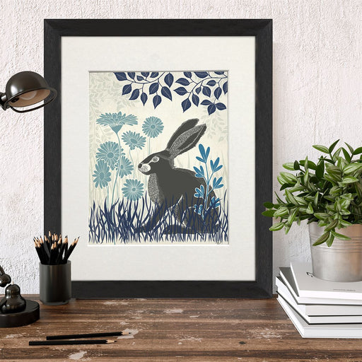 Country Lane Hare 3, Blue, Art Print | Print 14x11inch