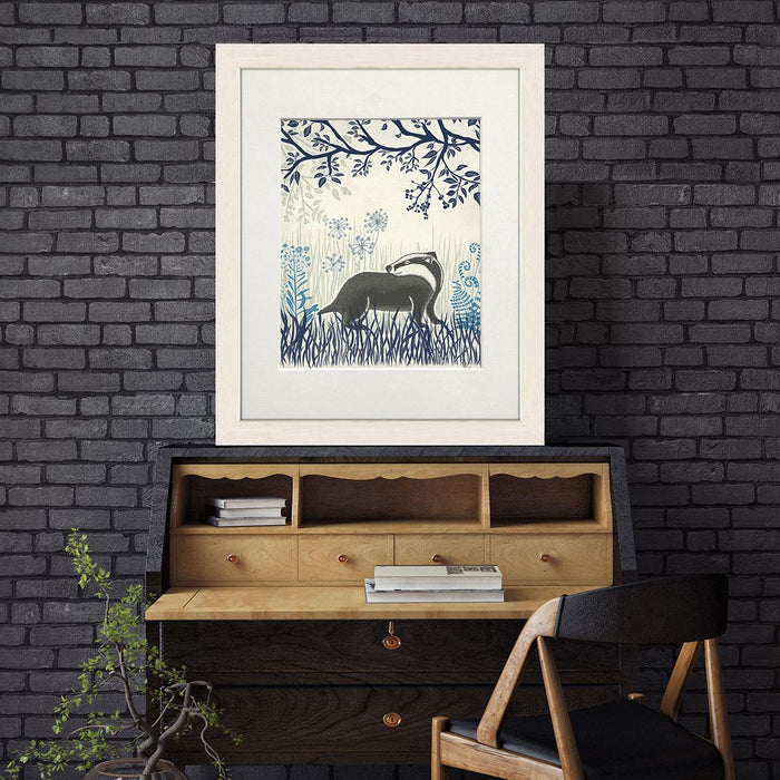 Country Lane Badger 2, Blue, Art Print | Print 14x11inch