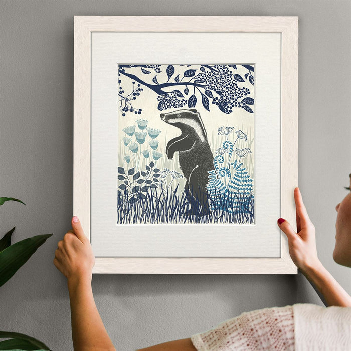 Country Lane Badger 4, Blue, Art Print | Print 14x11inch