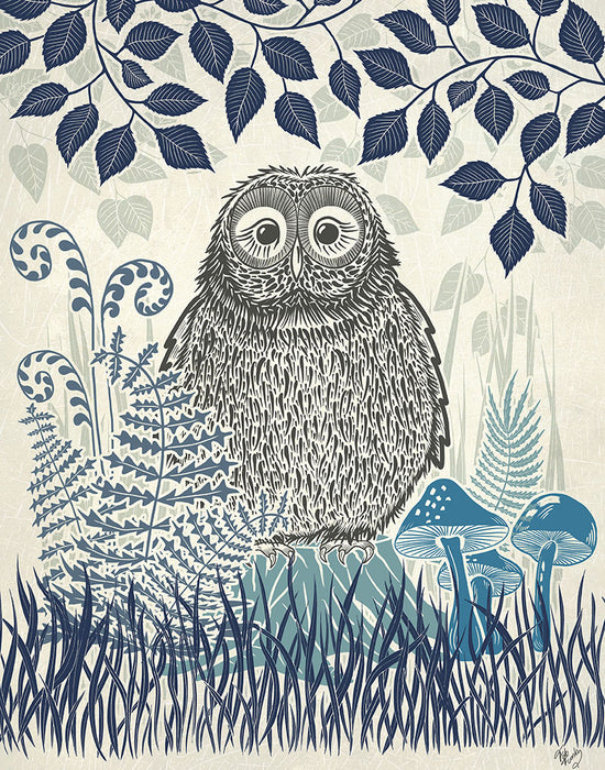 Country Lane Owl 2, Blue, Art Print | FabFunky