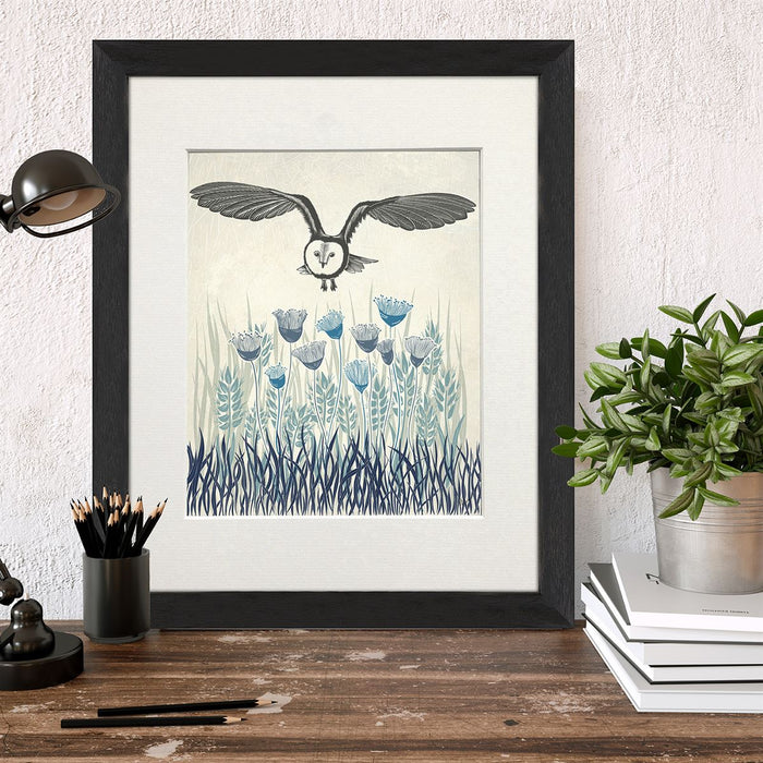 Country Lane Owl 4, Blue, Art Print | Print 14x11inch