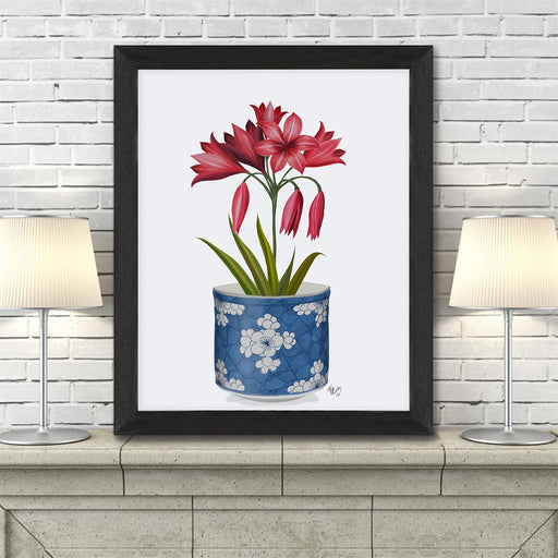 Chinoiserie Amaryllis Red, Blue Vase, Art Print | Print 14x11inch