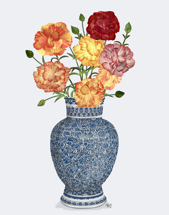 Chinoiserie Carnations Multicolour, Blue Vase, Art Print | FabFunky