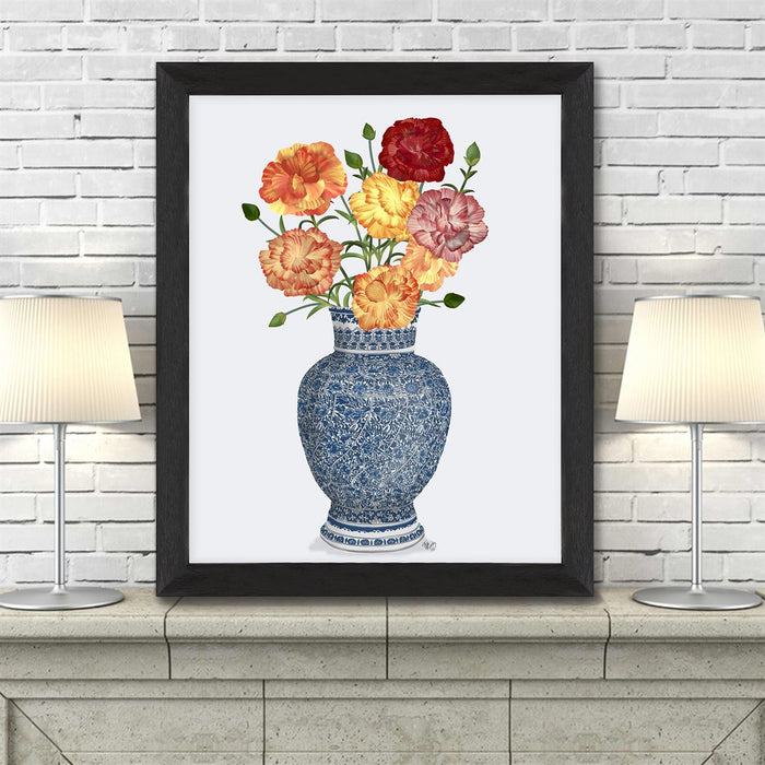 Chinoiserie Carnations Multicolour, Blue Vase, Art Print | Print 14x11inch