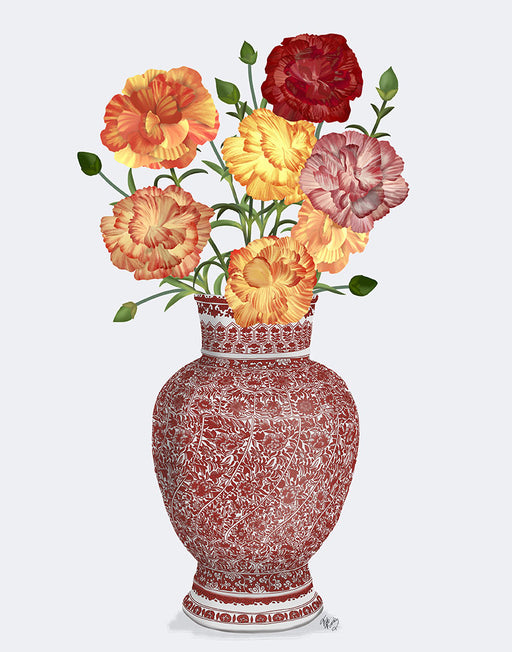 Chinoiserie Carnations Multicolour, Red Vase, Art Print | FabFunky