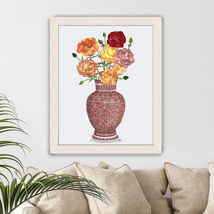 Chinoiserie Carnations Multicolour, Red Vase, Art Print | Print 14x11inch