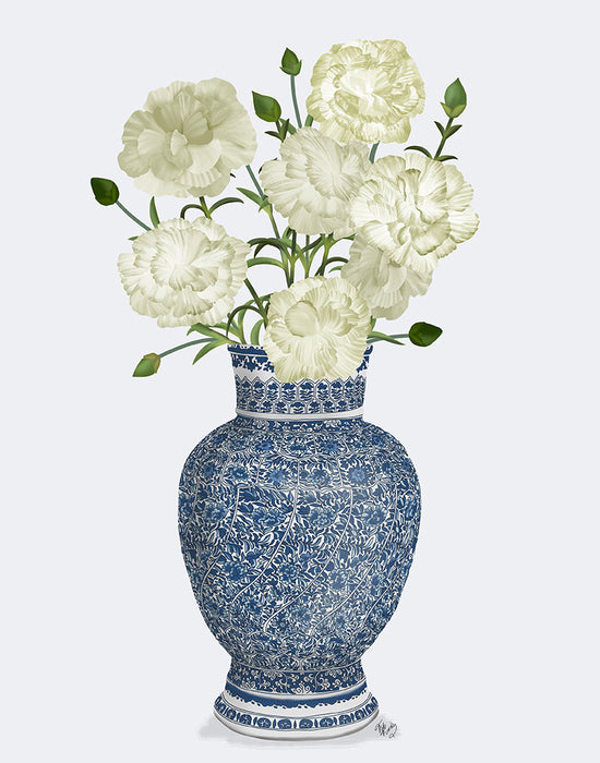Chinoiserie Carnations White, Blue Vase, Art Print | FabFunky