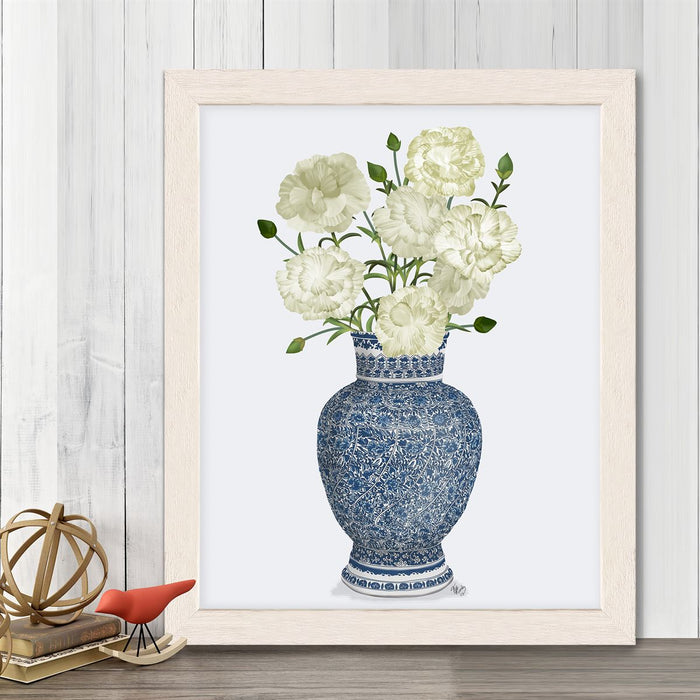 Chinoiserie Carnations White, Blue Vase, Art Print | Print 14x11inch
