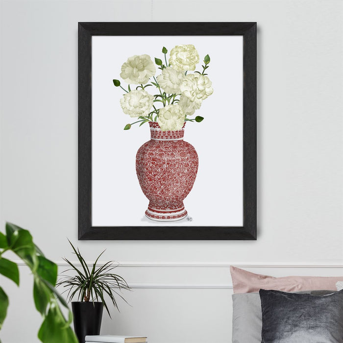 Chinoiserie Carnations White, Red Vase, Art Print | Print 14x11inch