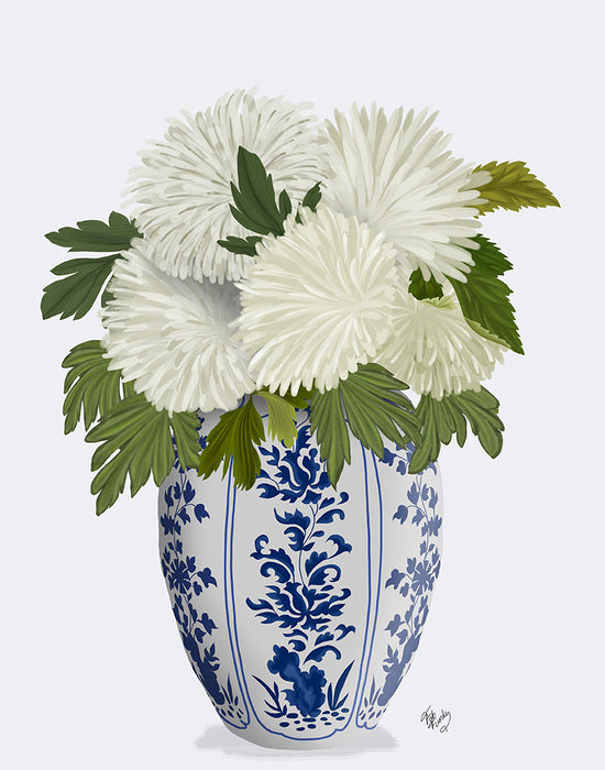 Chinoiserie Chrysanthemum White, Blue Vase, Art Print | FabFunky
