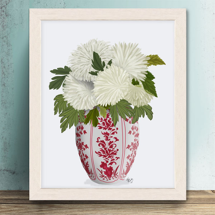 Chinoiserie Chrysanthemum White, Red Vase, Art Print | Print 14x11inch