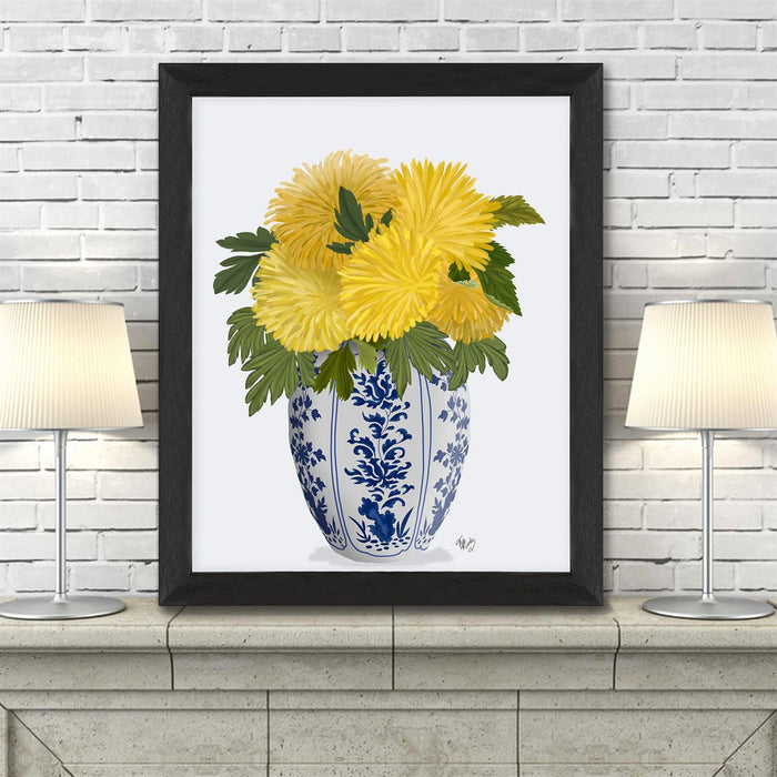 Chinoiserie Chrysanthemum Yellow, Blue Vase, Art Print | Print 14x11inch