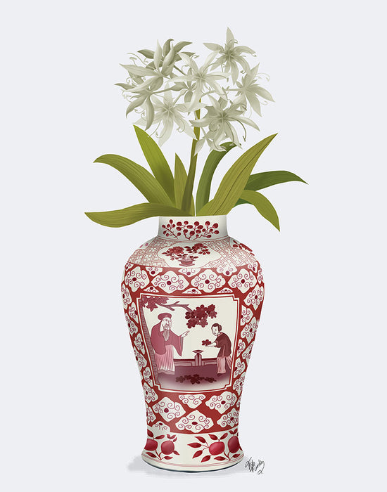 Chinoiserie Day Lily White, Red Vase, Art Print | FabFunky