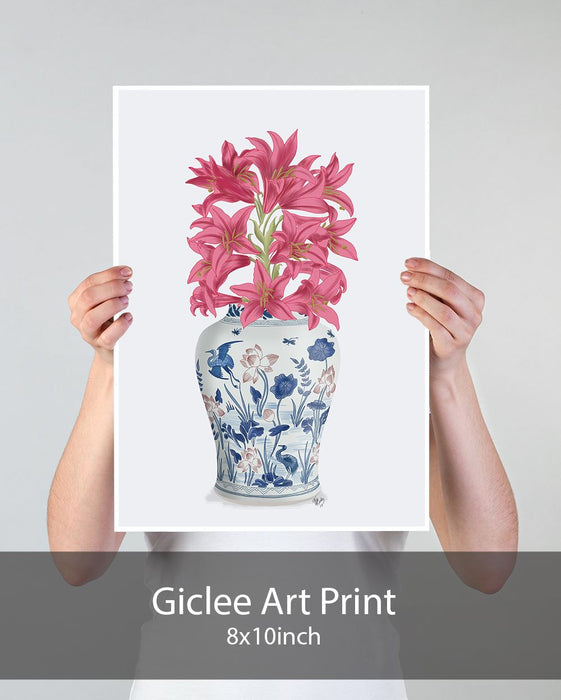 Chinoiserie Lilies Pink, Blue Vase, Art Print | Print 18x24inch