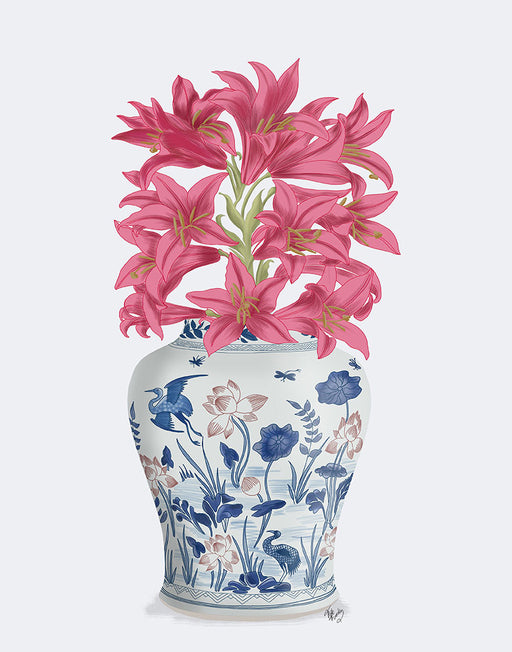 Chinoiserie Lilies Pink, Blue Vase, Art Print | FabFunky