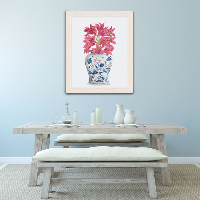 Chinoiserie Lilies Pink, Blue Vase, Art Print | Print 14x11inch