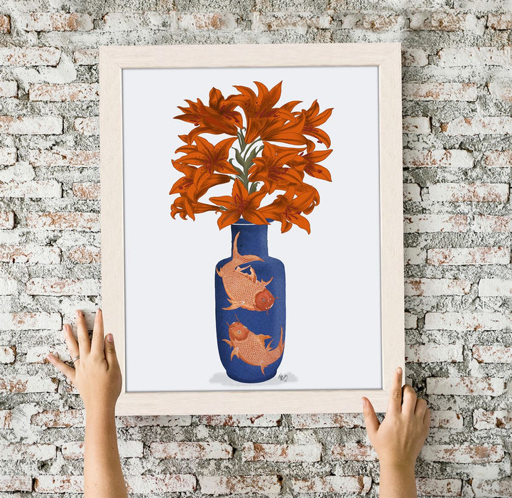 Chinoiserie Lilies Orange, Blue Vase, Art Print | Print 14x11inch