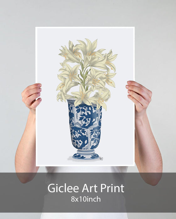 Chinoiserie Lilies White, Blue Vase, Art Print | Print 18x24inch