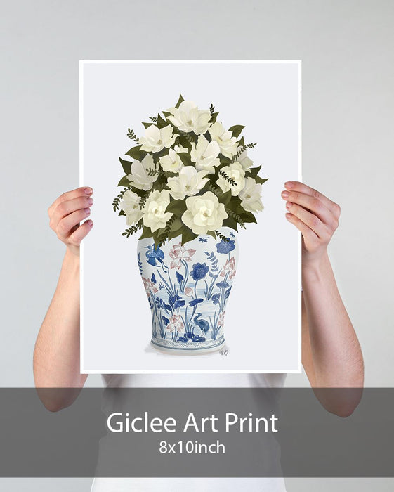 Chinoiserie Magnolias White, Crane Garden, Art Print | Print 18x24inch