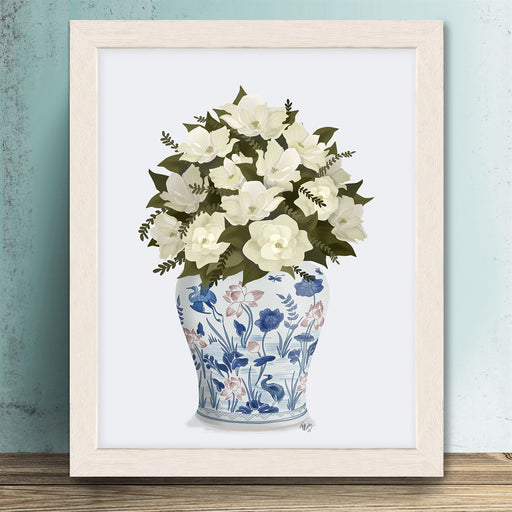 Chinoiserie Magnolias White, Crane Garden, Art Print | Print 14x11inch