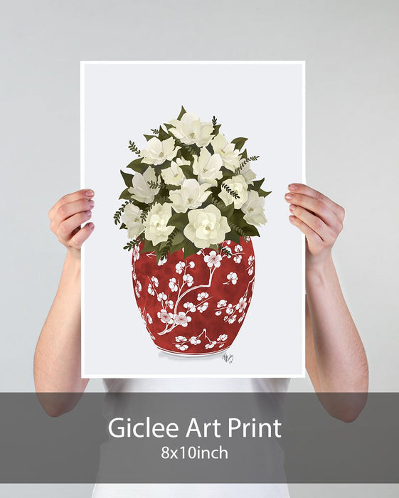 Chinoiserie Magnolias White, Red Vase, Art Print | Print 18x24inch