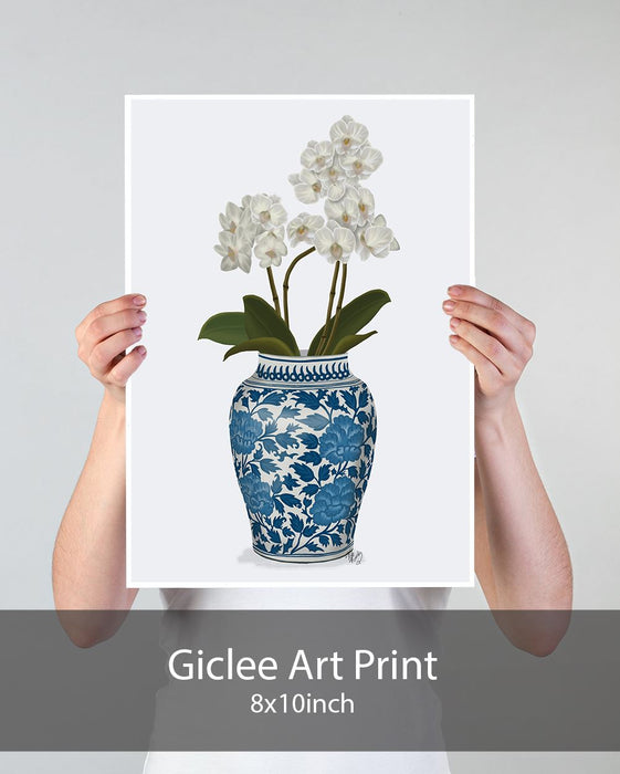 Chinoiserie Orchids White, Blue Vase, Art Print | Print 18x24inch