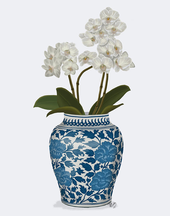 Chinoiserie Orchids White, Blue Vase, Art Print | FabFunky