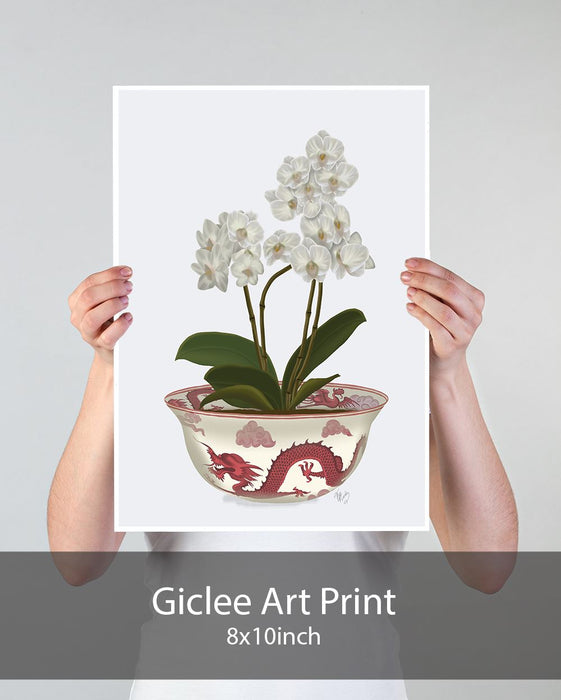 Chinoiserie Orchids White, Dragon Bowl Red, Art Print | Print 18x24inch