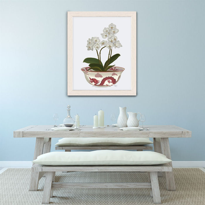 Chinoiserie Orchids White, Dragon Bowl Red, Art Print | Print 14x11inch