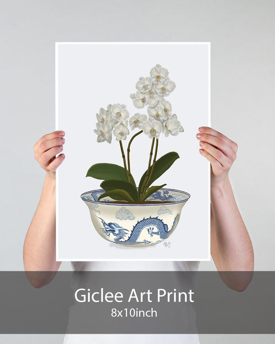 Chinoiserie Orchids White, Dragon Bowl Blue, Art Print | Print 18x24inch