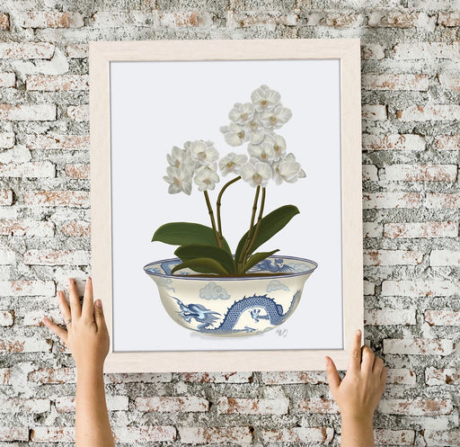 Chinoiserie Orchids White, Dragon Bowl Blue, Art Print | Print 14x11inch
